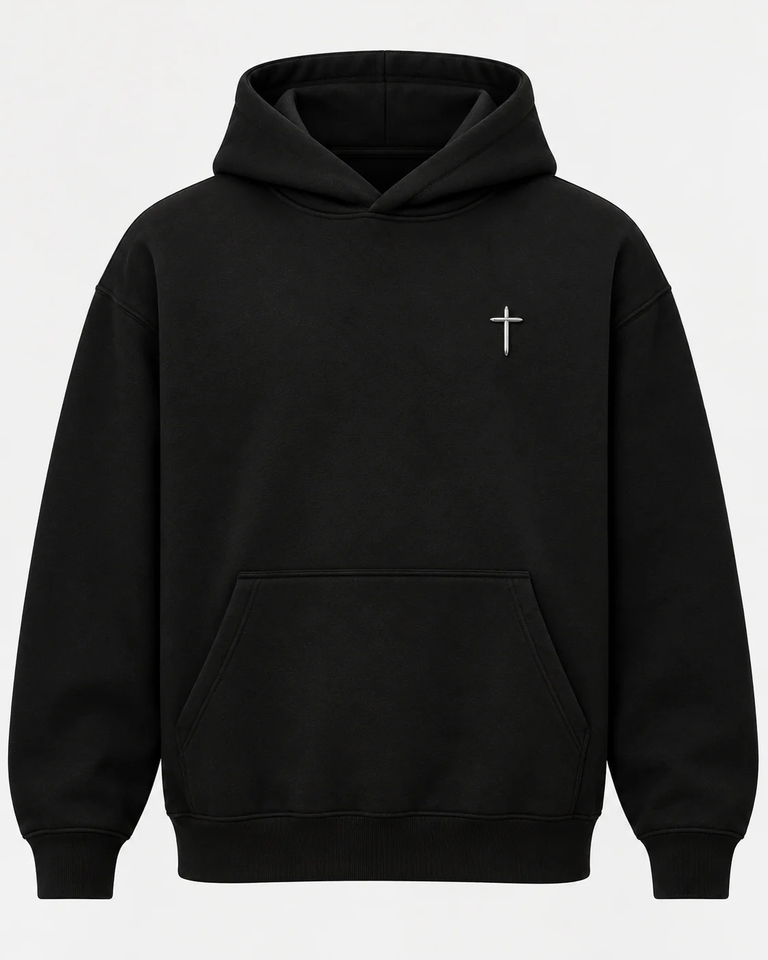 Front view of black VIA heavyweight hoodie with small chrome-inspired cross