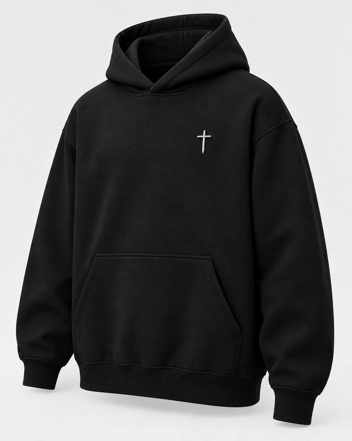 Three-quarter studio visualization of the black VIA hoodie